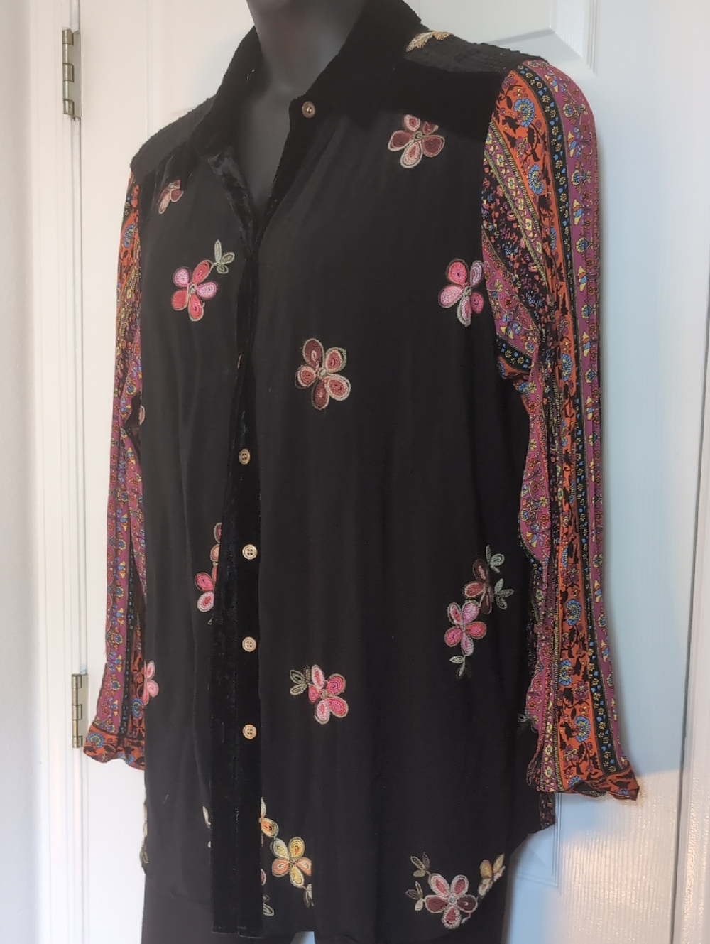 John Mark Black Button-Down Top with Floral Embroidery and Patterned Sleeves